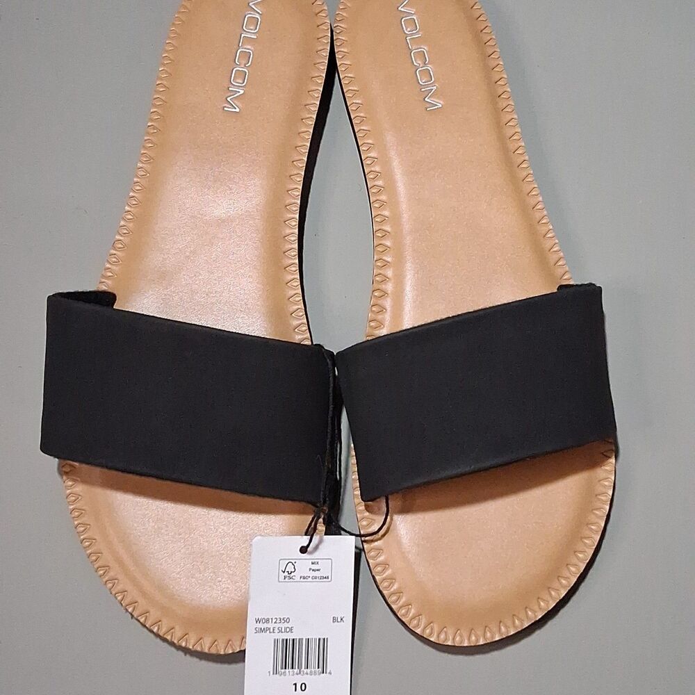 Volcom Black Tan Slide Sandals Single Strap Flat Shoes Size 10